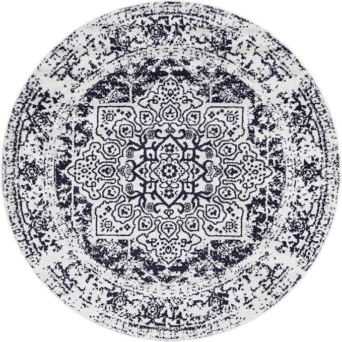 Rugs.com Arlington Collection Rug – 5 Ft Round Blue Medium-Pile Rug Perfect for Kitchens, Dining Rooms