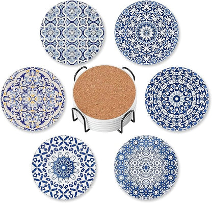Drink Coasters for Drinks Set of 6,Blue and White Porcelain Absorbent Round Ceramic Stone Mat Coaster, with Cork Base and Metal Holder, Home Bar Decor House Warming Gift