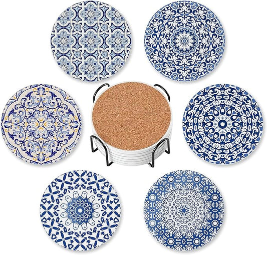 Drink Coasters for Drinks Set of 6,Blue and White Porcelain Absorbent Round Ceramic Stone Mat Coaster, with Cork Base and Metal Holder, Home Bar Decor House Warming Gift