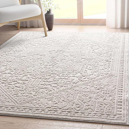Well Woven Harlow Collection Cloud Medallion Ivory - Modern Tribal Minimalist 5x7 Area Rug - Ideal for Living Room, Dining Room & Bedroom - Durable, Stain Resistant & Easy to Clean