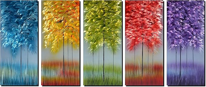 MyArton Handmade Metal Wall Art with Bog Life Multi-Colored Tree, 3D Abstract Design Artwork for Modern and Contemporary Decor, Indoor Outdoor Wall Decorations, 5-Panels Metal Art Measure 24"x 64"