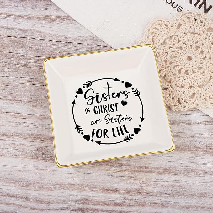 JoycuFF Gifts for Sister in Christ, Sister Gifts from Sisters Christian Gifts for Women Religious Ceramic Trinket Dish Tray, Gifts for Womens Birthday Christmas