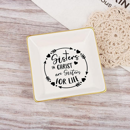 JoycuFF Gifts for Sister in Christ, Sister Gifts from Sisters Christian Gifts for Women Religious Ceramic Trinket Dish Tray, Gifts for Womens Birthday Christmas