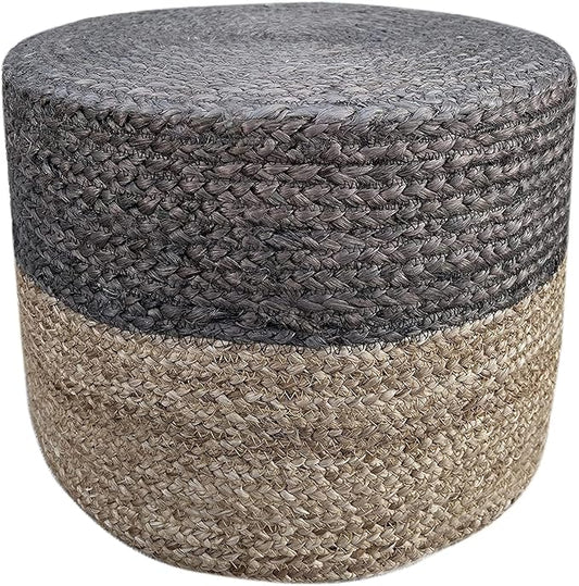Jute Pouf Ottoman | Footrest Pouf | Hand Braided - Round Boho Pouffe - for Living Room, Bedroom, Nursery (20"x20"x10") Grey