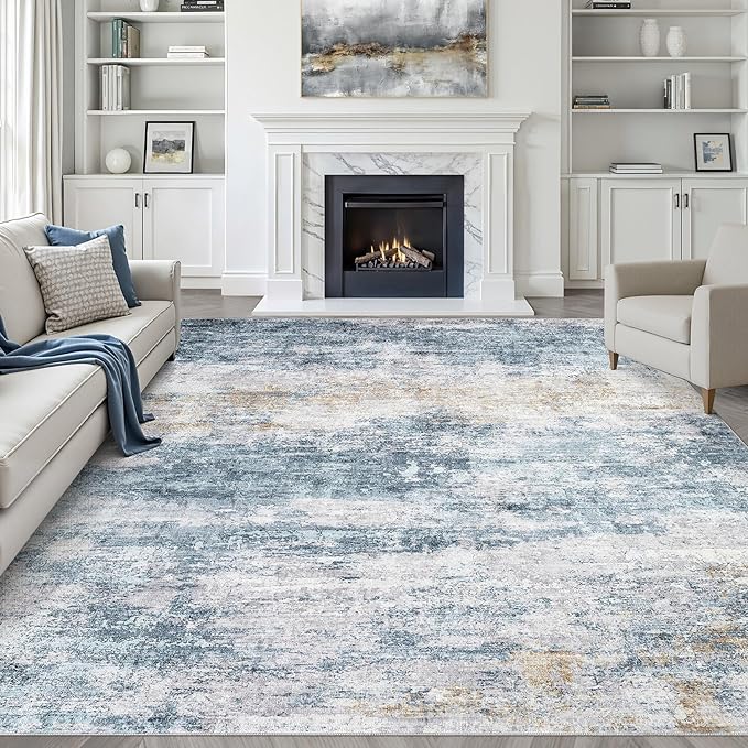 9x12 Area Rug Living Room: Washable Large Neutral Rugs Abstract Soft Modern Stain Resistant Indoor Floor Non-Slip Carpet for Bedroom Nursery Kids Office Playroom Dining Room Under Table- Blue Gold