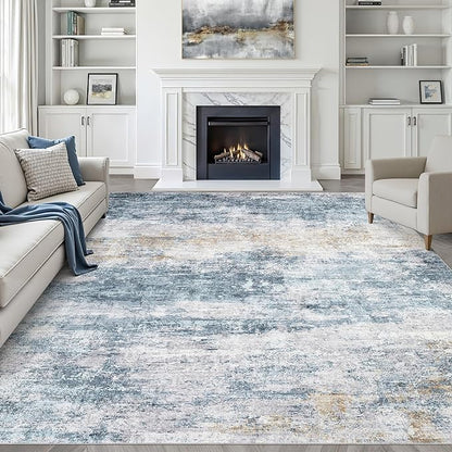 9x12 Area Rug Living Room: Washable Large Neutral Rugs Abstract Soft Modern Stain Resistant Indoor Floor Non-Slip Carpet for Bedroom Nursery Kids Office Playroom Dining Room Under Table- Blue Gold