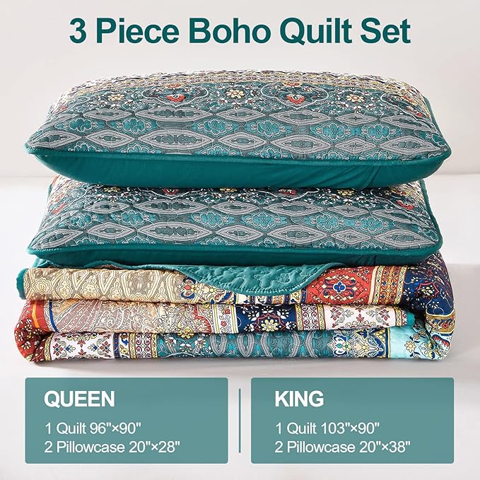 WONGS BEDDING Boho King Quilt Set, Green and Brown Bohemian King Quilt Bedding Set, Lightweight Microfiber Bed Decor Bedspread for All Season 103"x90"(3 Pieces)