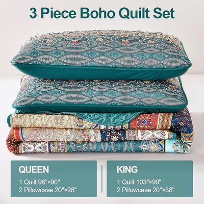 WONGS BEDDING Boho King Quilt Set, Green and Brown Bohemian King Quilt Bedding Set, Lightweight Microfiber Bed Decor Bedspread for All Season 103"x90"(3 Pieces)