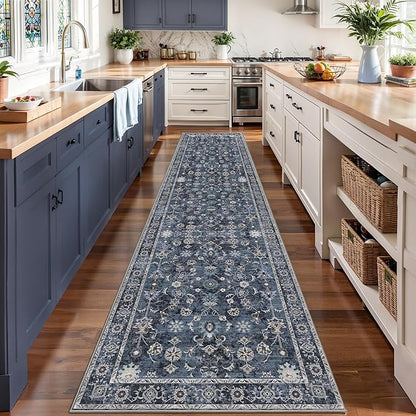 Tangsoo 2x10 Washable Runner Rug for Hallway Non Slip, Boho Floral Vintage Carpet Long Runner Rugs for Entryway Kitchen, Floor Low Pile Runners for Laundry Bedroom Alfombra Blue Black Farmhouse