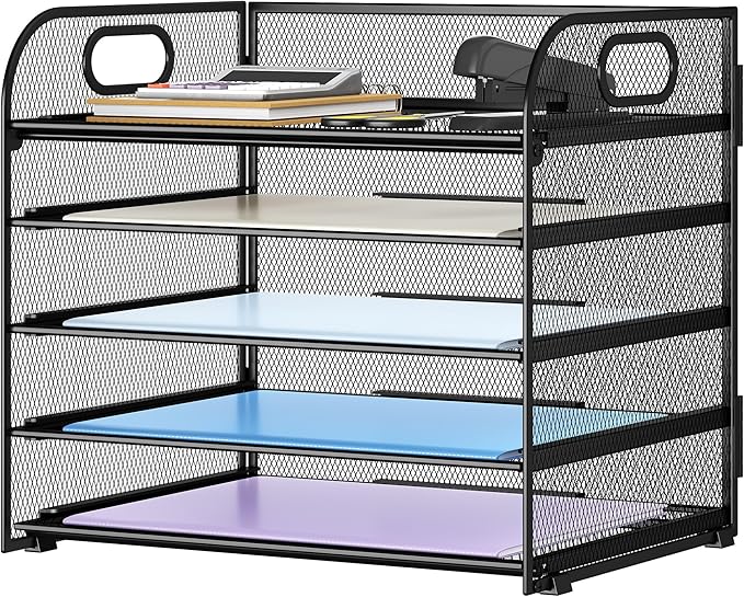 Paper Organizer Letter Tray with Handle Mesh 5 Trays Desk File Organizer Paper Sorter Desk Organizer for Office, Home or School-Black 2 Pack