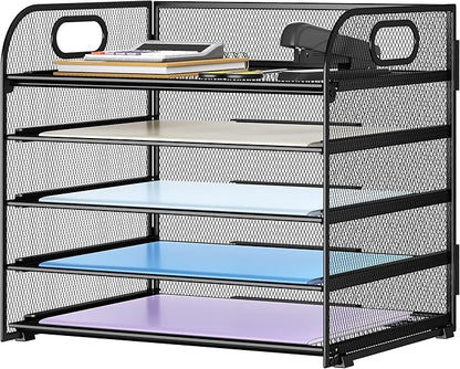 Paper Organizer Letter Tray with Handle Mesh 5 Trays Desk File Organizer Paper Sorter Desk Organizer for Office, Home or School-Black 2 Pack
