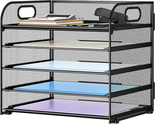 Paper Organizer Letter Tray with Handle Mesh 5 Trays Desk File Organizer Paper Sorter Desk Organizer for Office, Home or School-Black 2 Pack