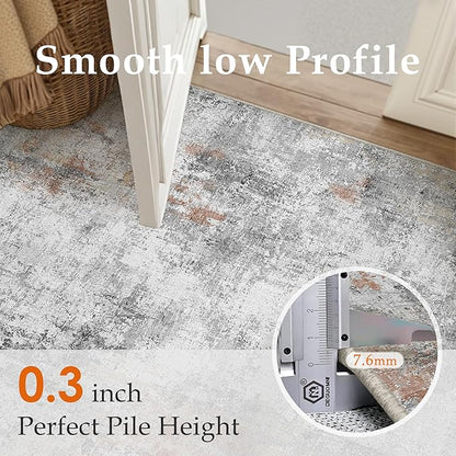 10x12 Washable Area Rug Grey Rust Abstract Living Room Bedroom Carpet Neutral Modern Non-Slip Soft Low Pile Lightweight Vacuumable Large Throw Rug for Dining Room
