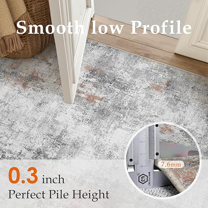 5x7 Washable Area Rug Grey Rust Abstract Living Room Bedroom Carpet Neutral Modern Non-Slip Soft Low Pile Lightweight Vacuumable Throw Rug for Dining Room Entryway