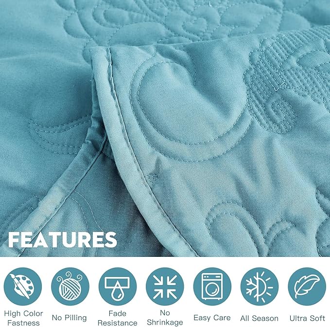 HZ & HY Oversized King Bedspread 128x120 Extra Wide - Paisley Pattern Quilt Set - Gorgeous & Elegant Style Bedding Coverlets, Reversible, Lightweight, 5 Piece, Lagoon Blue