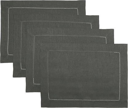 D'Moksha Homes Linen Placemats Set of 4 - Classic Hemstitch Charcoal Grey Placemats 14 x 19 Inch - 100% Pure Linen Table Mats for Holiday, New Year - Handcrafted and Machine Washable