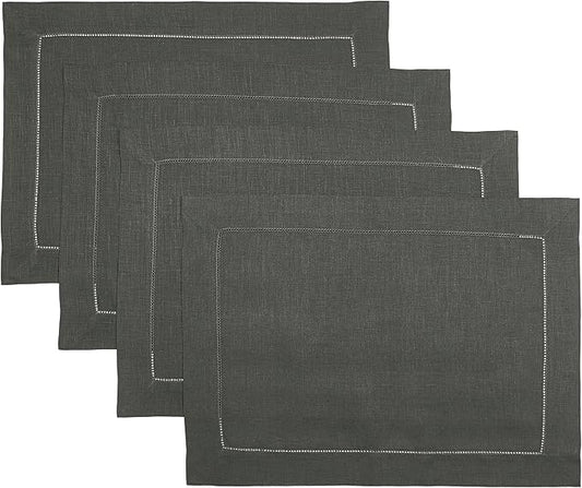 D'Moksha Homes Linen Placemats Set of 4 - Classic Hemstitch Charcoal Grey Placemats 14 x 19 Inch - 100% Pure Linen Table Mats for Holiday, New Year - Handcrafted and Machine Washable