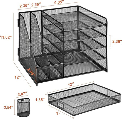 Marbrasse Desk Organizer with File Holder, 5-Tier Paper Letter Tray Organizer with Drawer and 2 Pen Holder, Mesh Desktop Organizer and Storage with Magazine Holder for Office Supplies(Black)