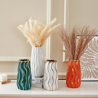White Ceramic Vase for Home Decor,Decorative Flower Vase, Vertical Stripe Ceramic Vases for Home Décor, Bedroom, Office, Living Room, Bathroom, Tabletop Decor, Centerpiece (White)