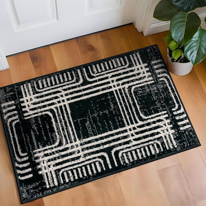 Rugshop Black and White Geometric Area Rug – Abstract Curved Line and Square Pattern Carpet for Living Room, Bedroom, or Office – Contemporary Soft Floor Décor 2' x 3' Black