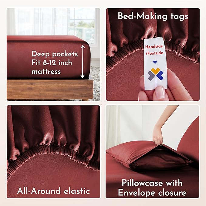 California Design Den Natural 100% Cotton Bed Sheets Twin XL Size Set - Soft Sateen Twin XL Sheet Set with Deep Pockets, Breathable and Durable Bedding for Dorm Rooms, College (Brick Red)