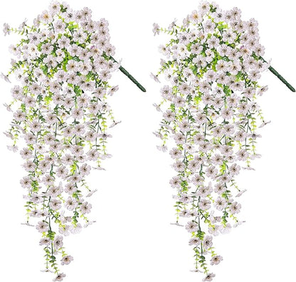 Artificial Hanging Flowers for Outdoors Faux Plants Decoration, 2 Packs Fake Silk Daisy Flower Realistic Outdoor Flowers UV Resistant Porch Patio Window Yard Outside Decor(White)