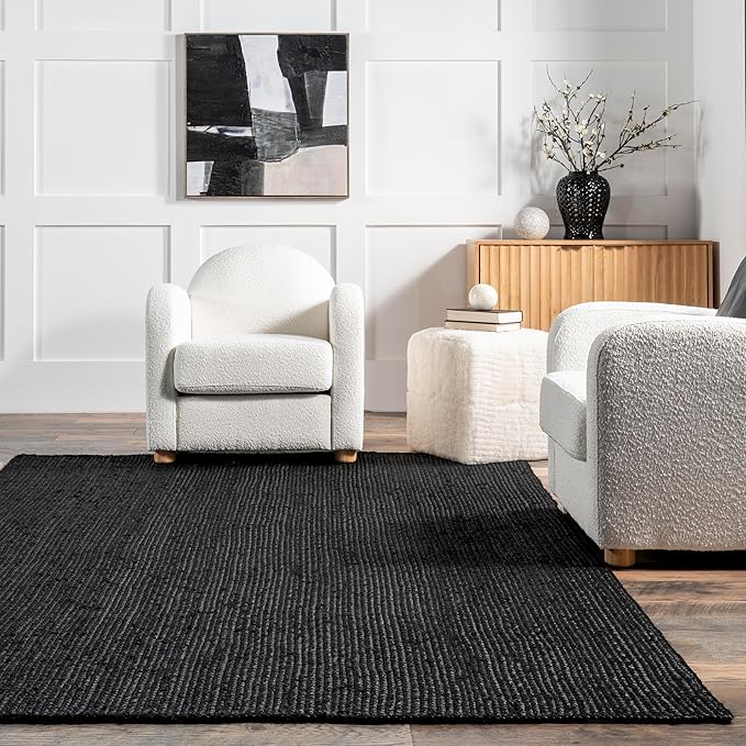 nuLOOM 4x6 Rigo Jute Hand Woven Area Rug, Black, Solid Farmhouse Design, Natural Fiber, For Bedroom, Living Room, Dining Room, Hallway, Office, Kitchen, Entryway