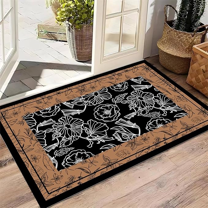 Vintage Boho Area Rug 5x8ft, Floral Print Non-Slip Low Pile Carpet, Machine Washable Indoor Rug for Living Room, Bedroom, Dining Room, Nursery & Dorm