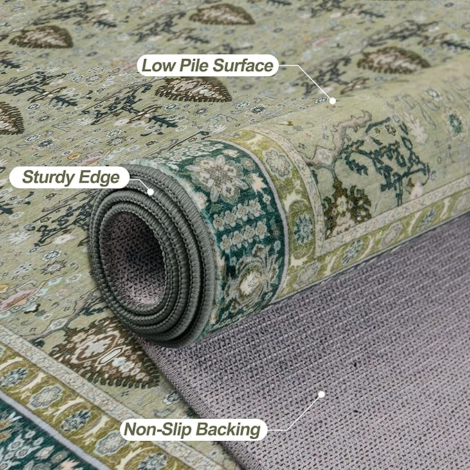 Tangsoo 2x3 Small Washable Entry Rug, Vintage Boho Green Floral Rug for Entryway Bedroom Entrance, Non Slip Soft Low Pile Door Mat Throw Carpet for Kitchen Bathroom Foyer Decor