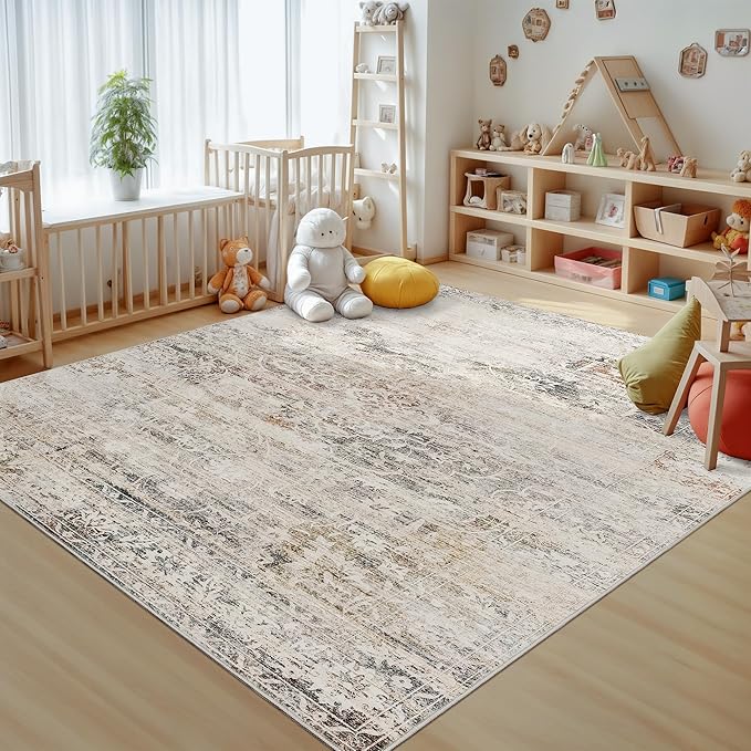 Area Rugs 5x7 for Living Room, Floral Washable Rugs for Dining Room, Bedroom, Kitchen, Vintage Non-Slip Thin Area Rug Taupe