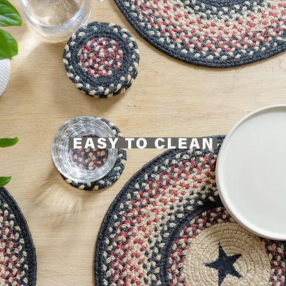 Homespice Primitive Star Gloucester Jute Braided Trivets for Table - Set of 3, Round 8", Black & Red - Rich Colors, Easy to Clean, Durable and Protects Furniture