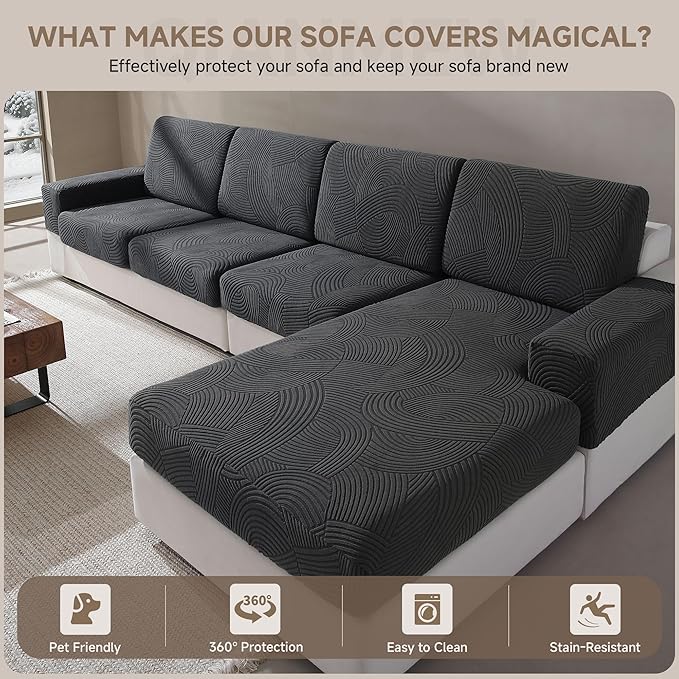 Couch Cushion Covers for Sectional and L Shaped Sofa, Stretch Soft Sofa Covers Washable Wear Resistant Slipcovers Furniture Protector Pet-Friendly (1PC Armrest Cover, Dark Gray)