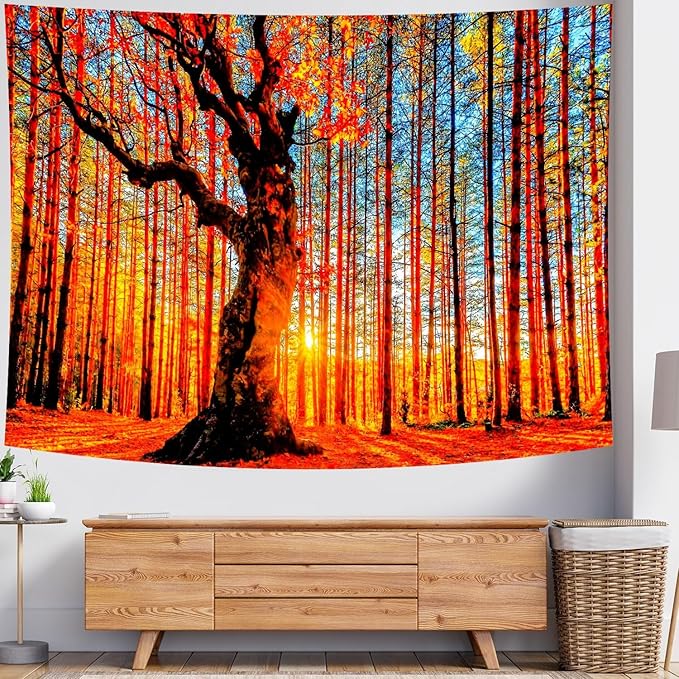 Delur Sunset Forest Tapestry Tree of Life Tropical Rainforest Landscape Tapestry Wall Hanging Scenic Nature Woodland Natural Sunrise Headboard for Bedroom Living Room Home Decor (70.8" x 92.5")