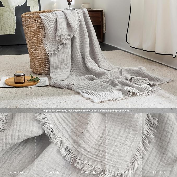 FOSSA Muslin Blanket with Fringe - 4-Layer 100% Cotton Gauze Super Soft & Breathable Throw -Lightweight Decorative Cooling Blanket for Bed, Sofa, Office (Grayish, Queen (90" × 90"))