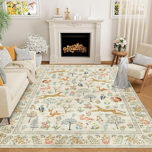 DUKINO 6x9 Rug, Washable Animal Living Room Rug with Non Slip Vintage Design, Soft Low Pile Large Carpet for Bedroom, Nursery, Dining Room, Farmhouse, Playroom, White