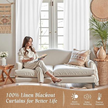 LAMIT 100% White Blackout Curtains for Bedroom, 63 Inches Polyester Textured Thermal Curtains Back Tab and Rod Pocket Burlap Panels with White Liner for Farmhouse/Living Room, 2 Panels, 52 x 63 Inch
