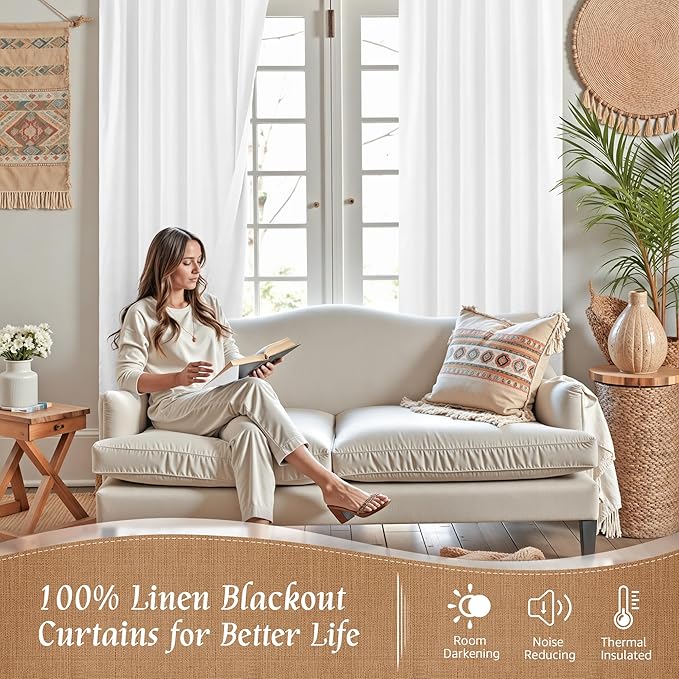 LAMIT 100% Blackout Linen Curtains, 45 Inches Linen Textured Thermal Bedroom Curtains Back Tab and Rod Pocket Neutral Panels with White Liner for Farmhouse, 2 Panels, 42 x 45 Inch, White