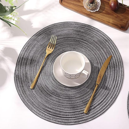 SHACOS Round Braided Placemats Set of 6 Round Table Mats 15 inch Cotton Washable for Holiday Party (Black Grey, 6)