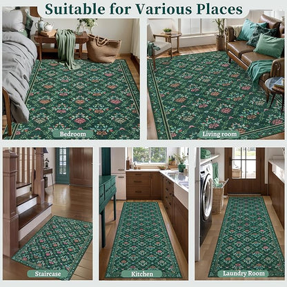 Tangsoo 2x3 Small Washable Entry Rug,Non Slip Green Floral Throw Area Rugs for Entryway,Front Door Mats Indoor Entrance Carpet for Kitchen Office Laundry, Soft Kids & Pets Friendly