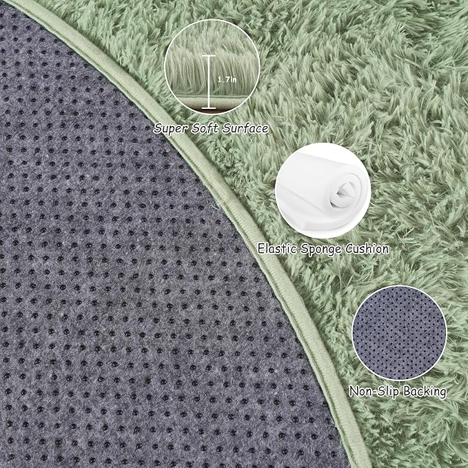 Round Fluffy for Bedroom Rugs, 4Ft Sage Green Shag Circle Rug Non-Slip for Kids Girls Boys Bedroom Dorm Nursery Playroom, Soft Cute Area Rugs for Living Room Decor