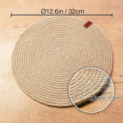 Round Placemats Set of 4, Handmade by Braided Natural Jute for Kitchen and Dining Table, Dia. 12.6 Inch, Doublesided, Heat Resistant, Light Brown