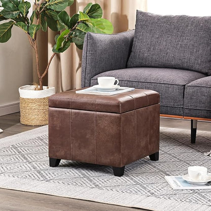 Adeco Faux Leather Storage Ottoman with Hinged Lid, 16 Inch High Vitage Brown Square Cube Foot Stool with Storage, Upholstered Vanity Stool with Solid Wood Legs for Living Room, Bedroom