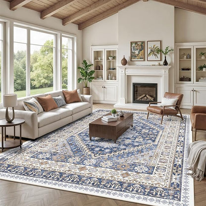 zesthome 10x14 Area Rugs,Stain Resistant Washable Rug,Ultra-Thin Rugs for Living Room,Bedroom,Non-Slip Backing Home Decor Large Area Rug (Blue/Beige,10'x14')