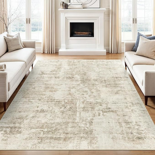9x12 Area Rug for Living Room, Abstract Non Slip Machine Washable Vintage Carpets, Low Pile Lightweight Large Rug for Bedroom, Dining Room, Home Office Beige Gray