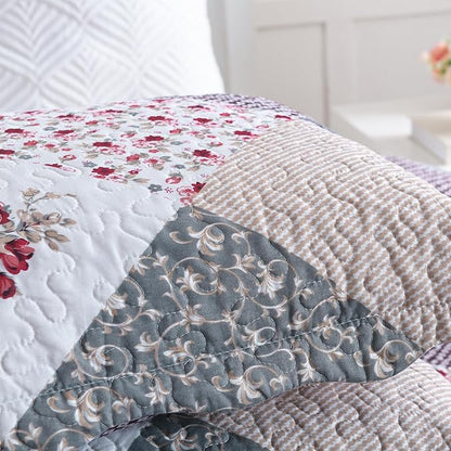 HoneiLife Quilt Set King Size - 3 Piece Microfiber Reversible Bedspreads Patchwork Coverlets Floral Bedding Set All Season Quilts-Grey Rose