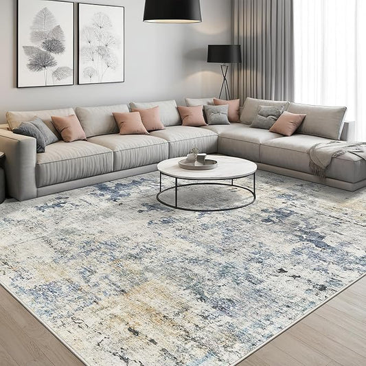 Abstract Rug 8x10 Large Living Room Rugs Neutral Modern Washable Area Rugs for Bedroom Dining Room Non-Slip Stain Resistant Foldable Thin Rug Blue Yellow