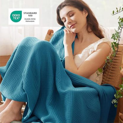 Bedsure 100% Cotton Muslin Blanket Queen Size for Bed - 4-Layer Breathable and Lightweight Thin Soft Summer Gauze Muslin Blankets for Adults, Teal, 90x90 Inches