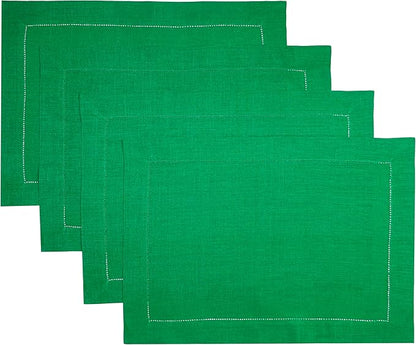 D'Moksha Homes Linen Placemats Set of 4 - Classic Hemstitch Kelly Green Placemats 14 x 19 Inch - 100% Pure Linen Table Mats for Winter, Holiday, New Year - Handcrafted and Machine Washable