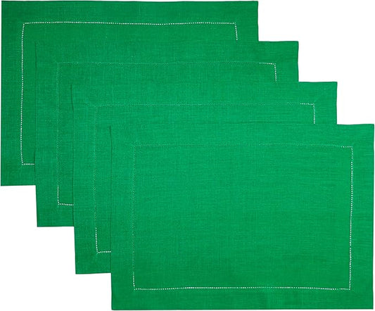 D'Moksha Homes Linen Placemats Set of 4 - Classic Hemstitch Kelly Green Placemats 14 x 19 Inch - 100% Pure Linen Table Mats for Winter, Holiday, New Year - Handcrafted and Machine Washable