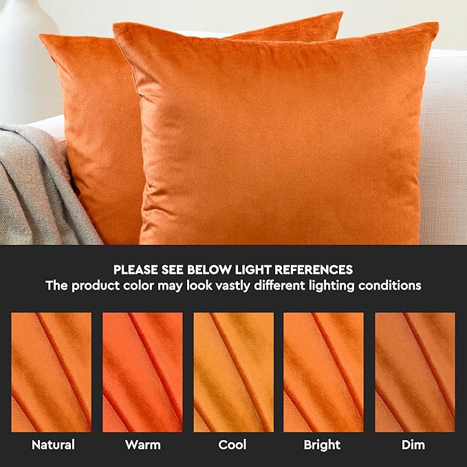 Encasa XO Velvet Throw Pillow Covers 12x12 in (30x30 cm) - Orange - No Inserts, Pack of 2 Cases | Solid Plain Dyed Soft & Smooth, Square Decorative Cushion Covers for Living & Bedroom